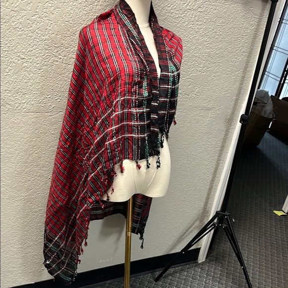 Red Plaid Shawl with Fringe - Picture 1 of 4